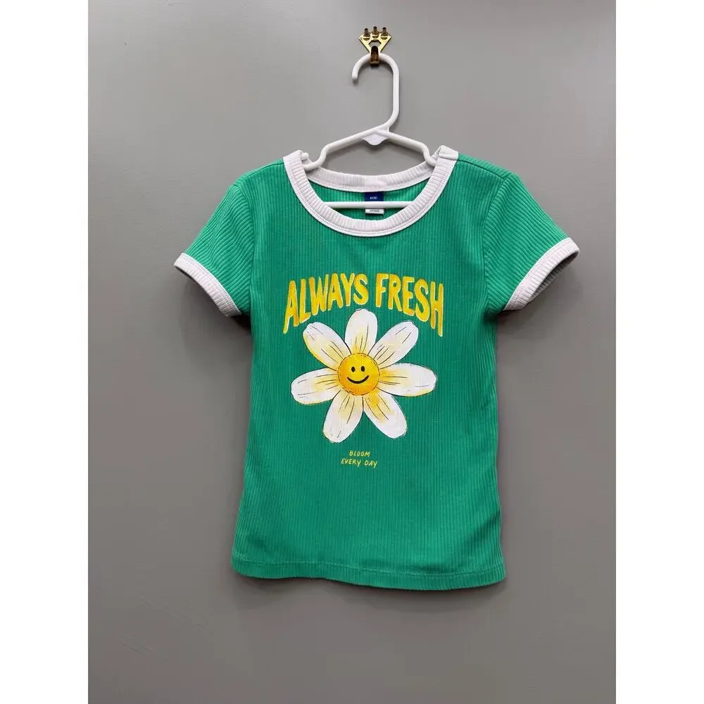 Old Navy Girls Always Fresh Daisy Graphic Ribbed Ringer Tee Green Size 8